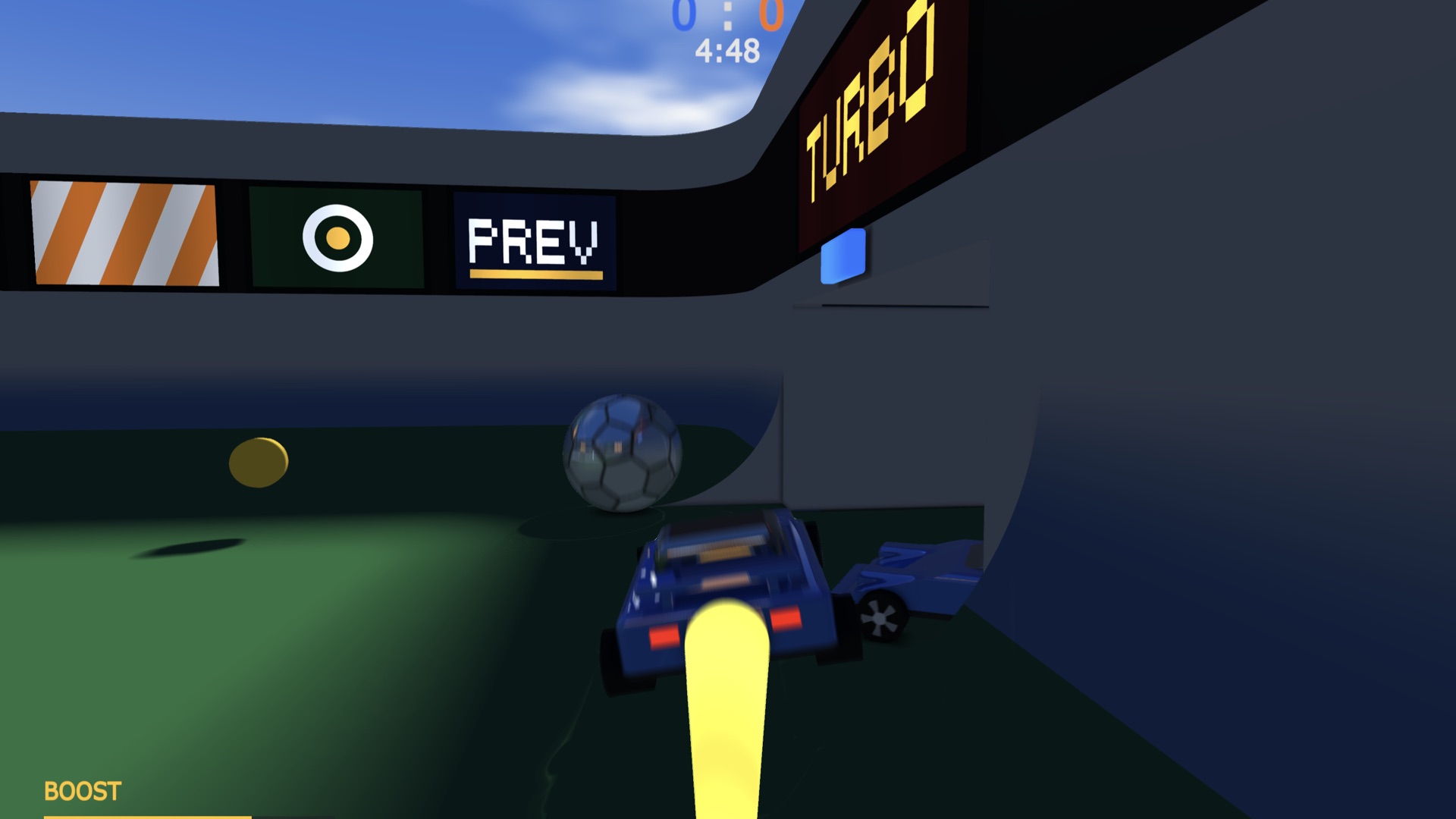 Two cars boosting after an airborne ball in daylight